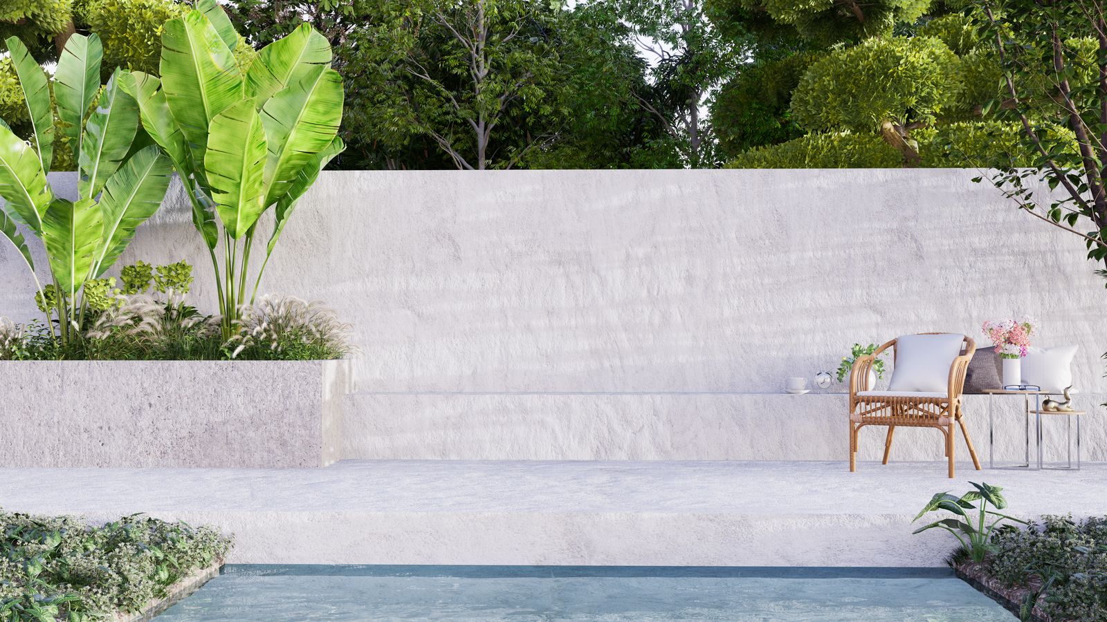 Light-colored modern patio with seating and planters